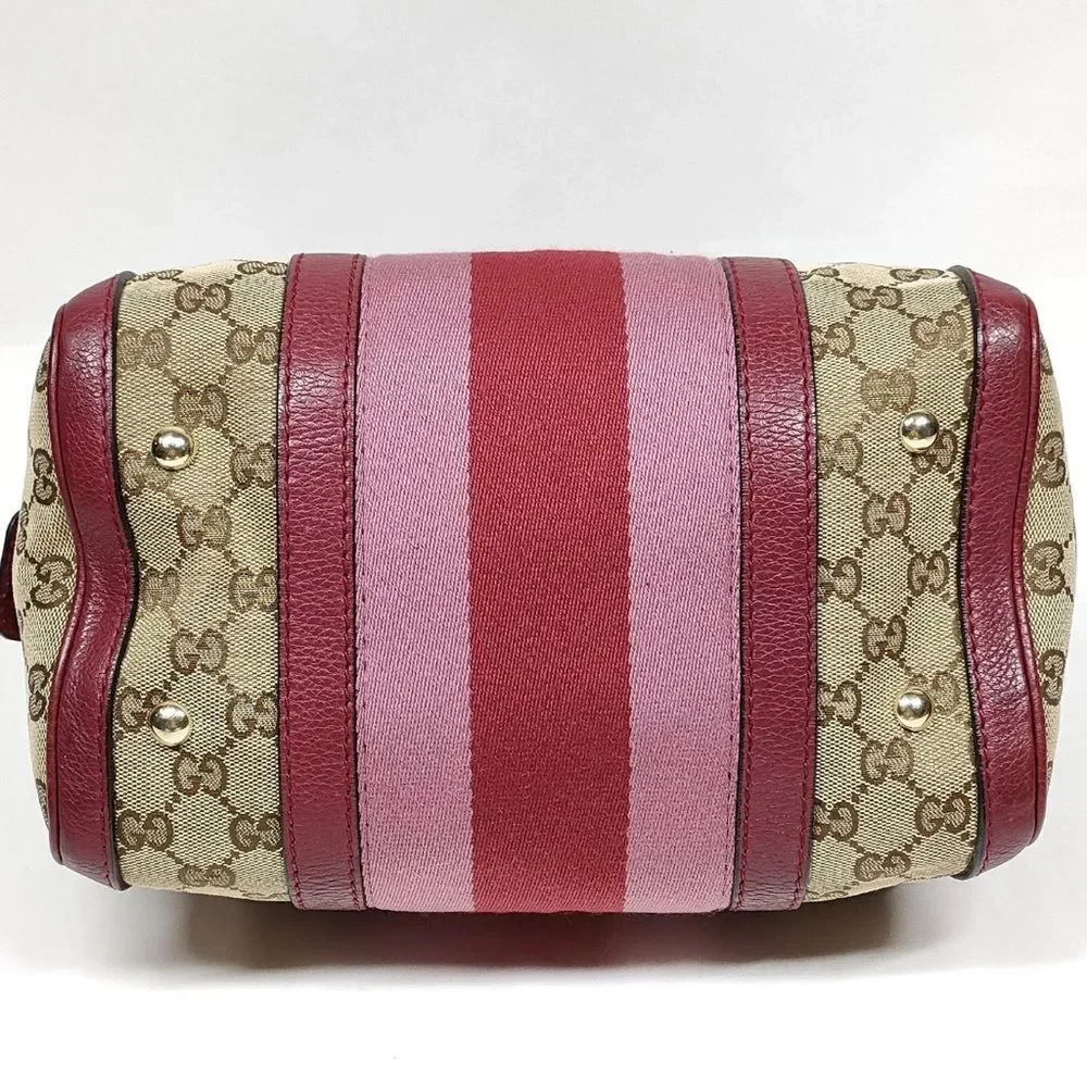 Gucci Vtg GG Beige Supreme Pink Red Web & Leather Joy Boston Tote Bag Auth Small